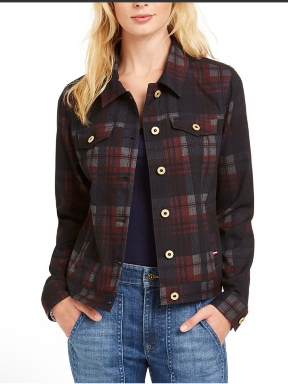 Tommy Hilfiger Plaid Trucker Jacket Women L Burgundy Navy Blue Snap Front Croppe